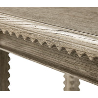 Edge detail of rustic greyed oak end table.