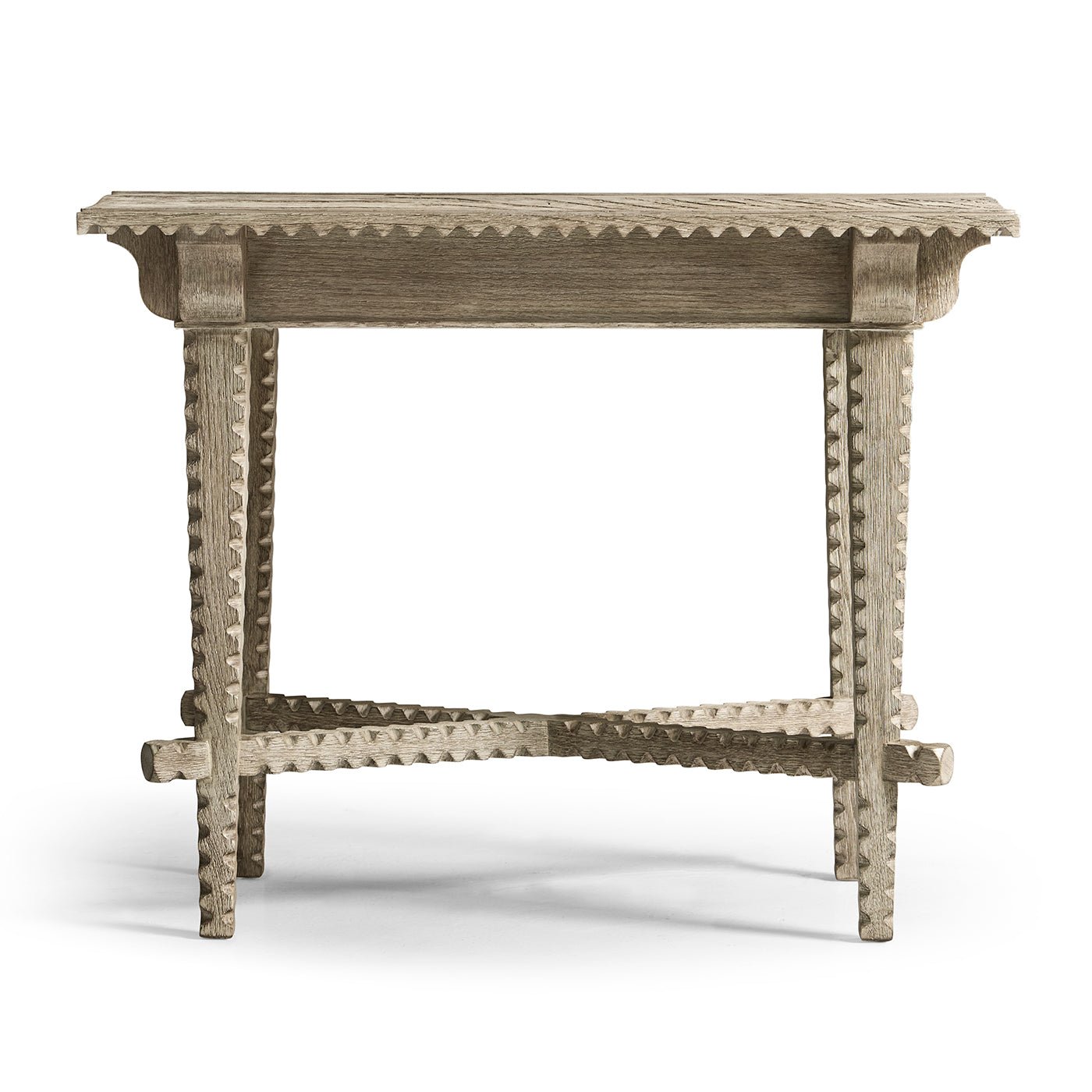 Front view rustic greyed oak end table design.