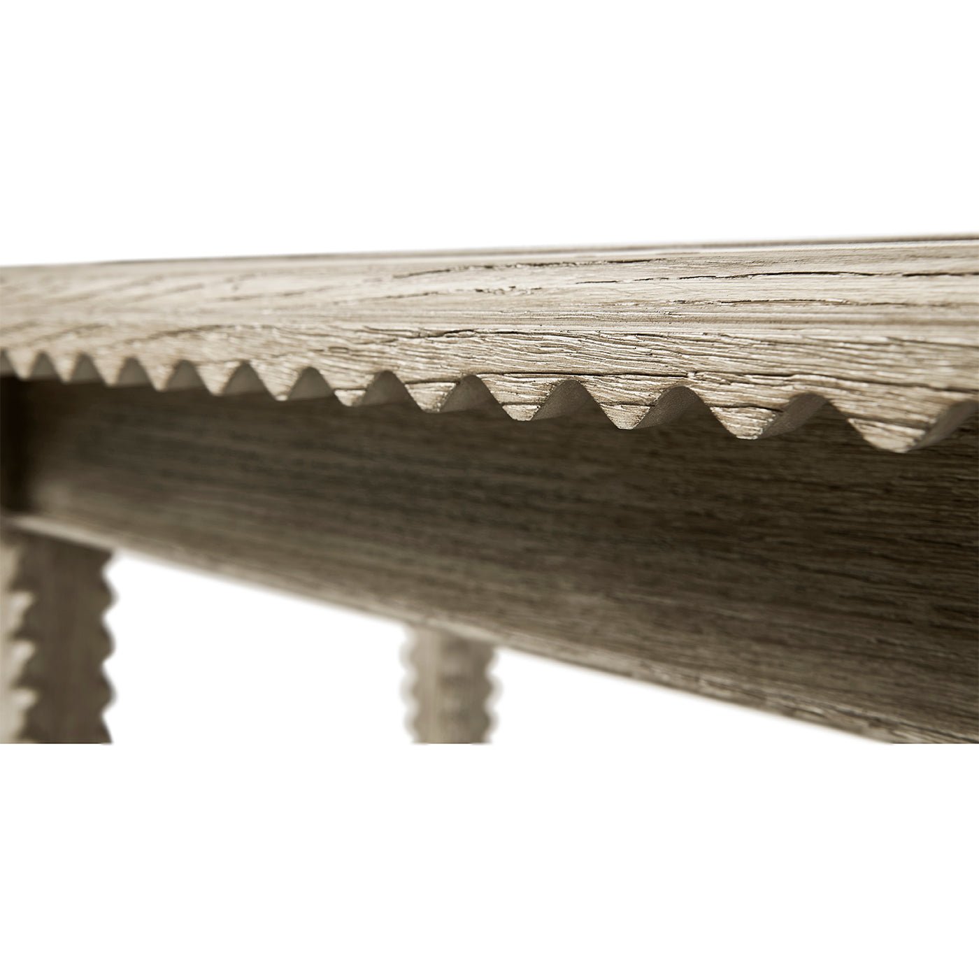 Apron detail of greyed oak rustic end table.