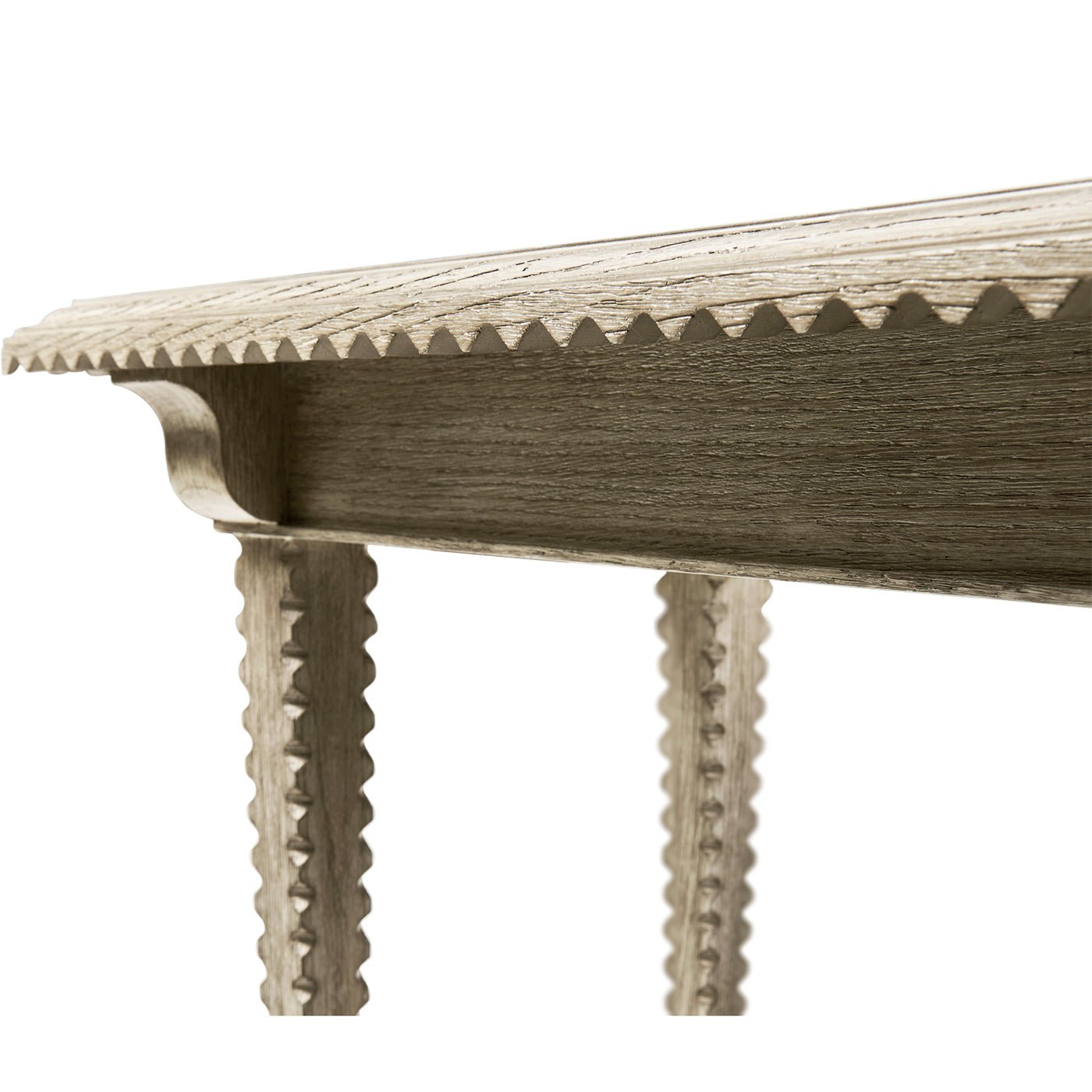 Table edge design of the rustic greyed oak end table.