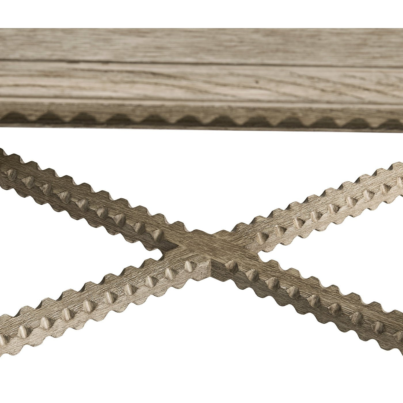 Cross support design of rustic greyed oak end table.