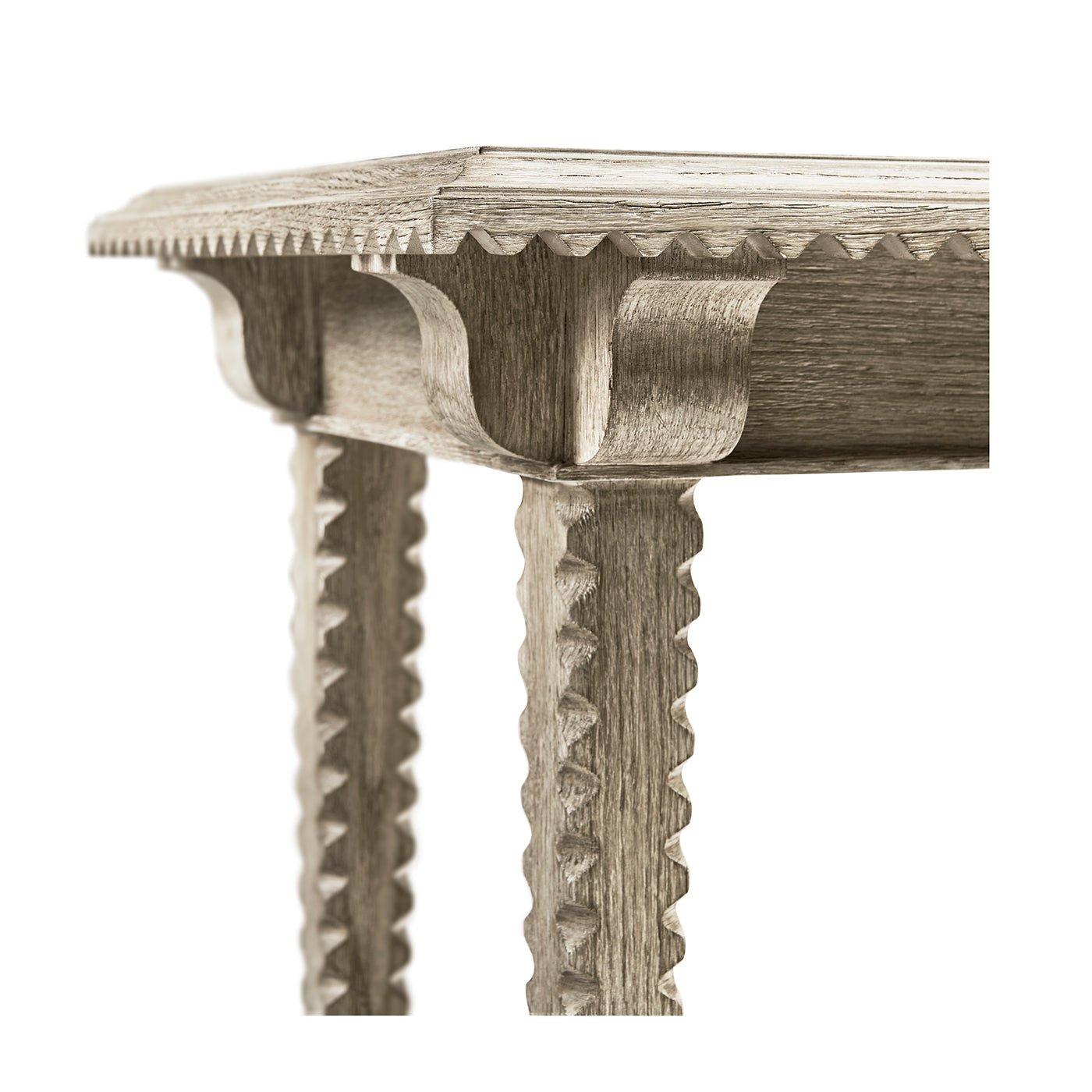 Leg and apron detail of greyed oak rustic end table.