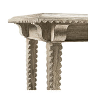 Leg and apron detail of greyed oak rustic end table.