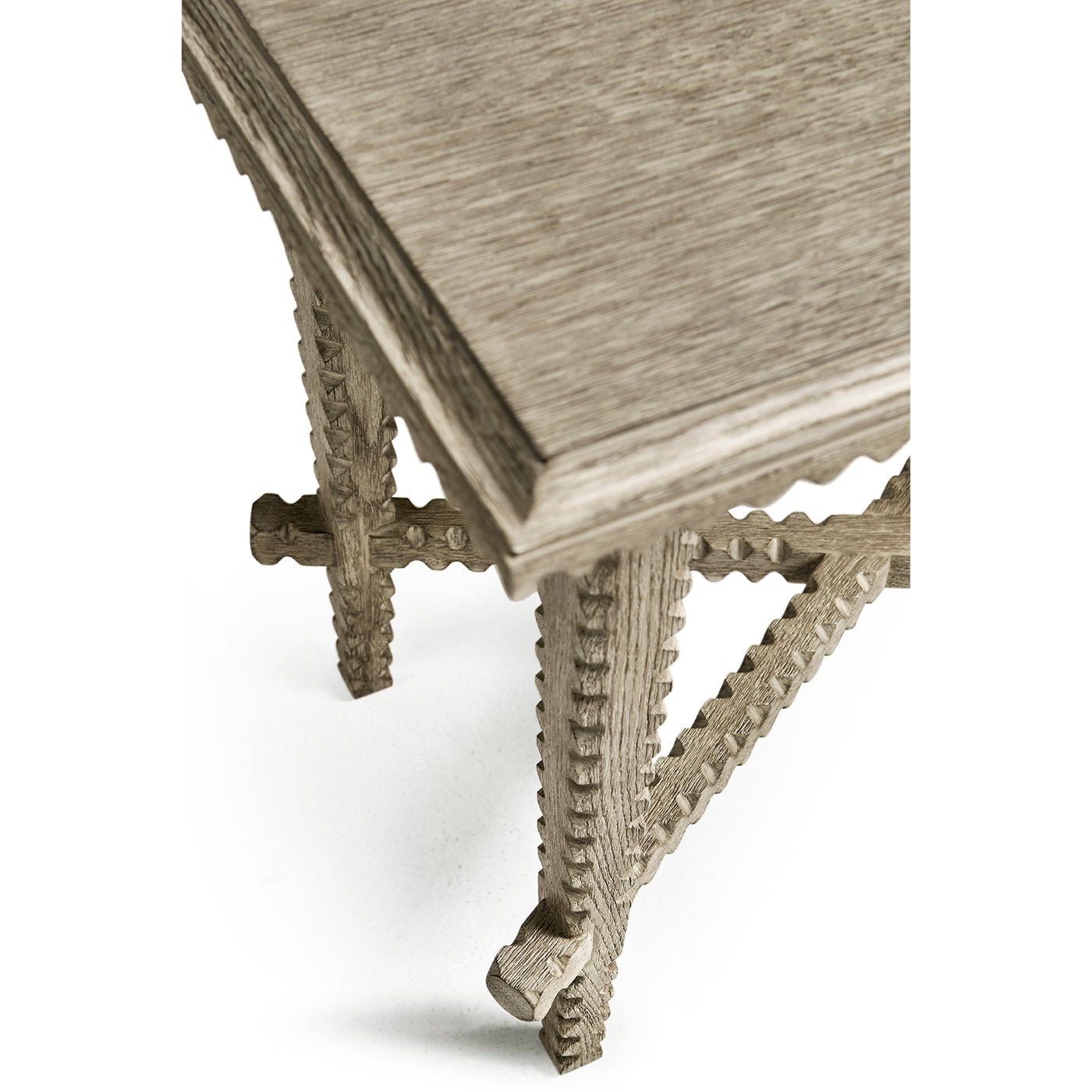 Corner and leg detail of greyed oak rustic end table.