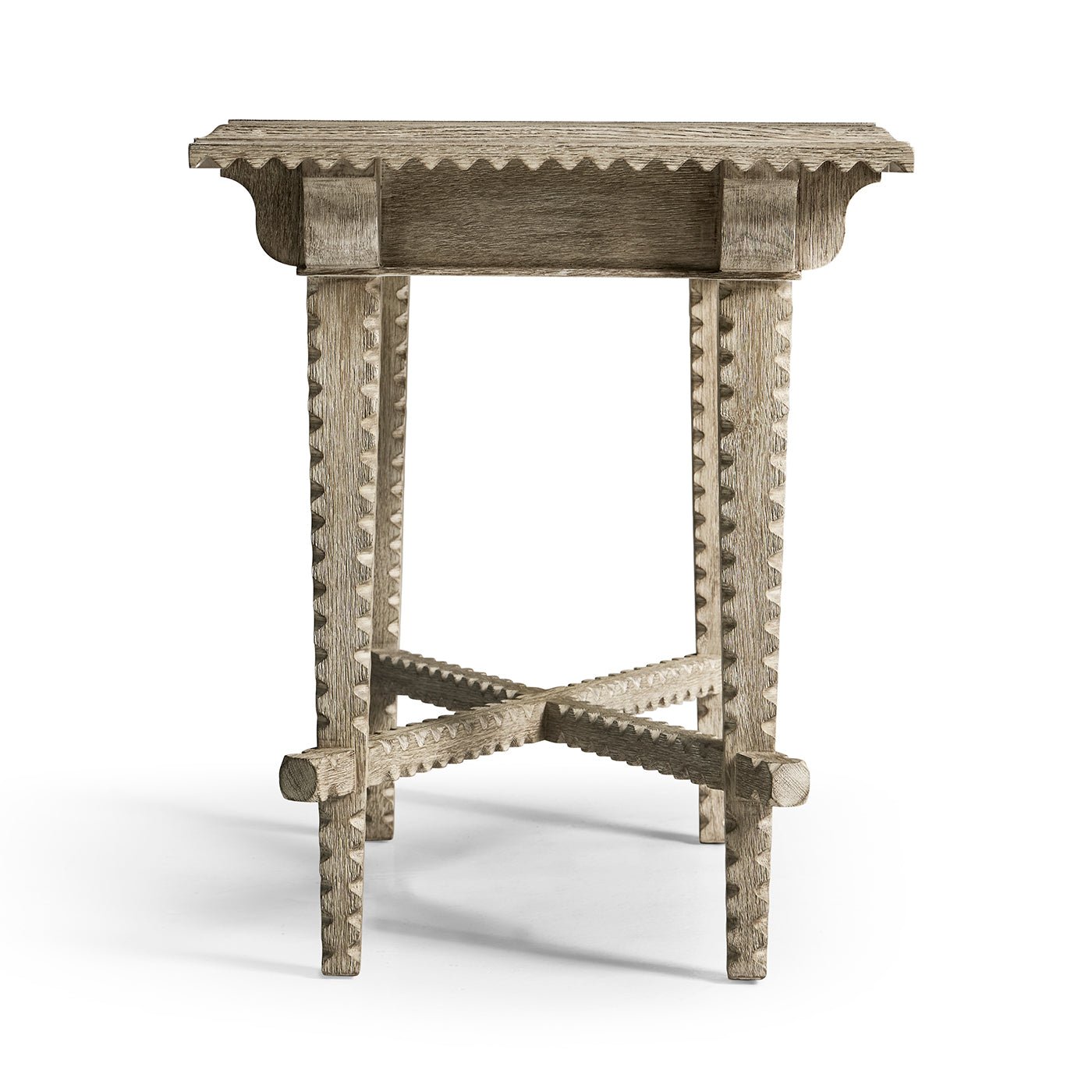 Side view of rustic greyed oak end table.