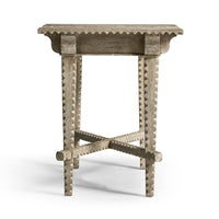 Side view of rustic greyed oak end table.