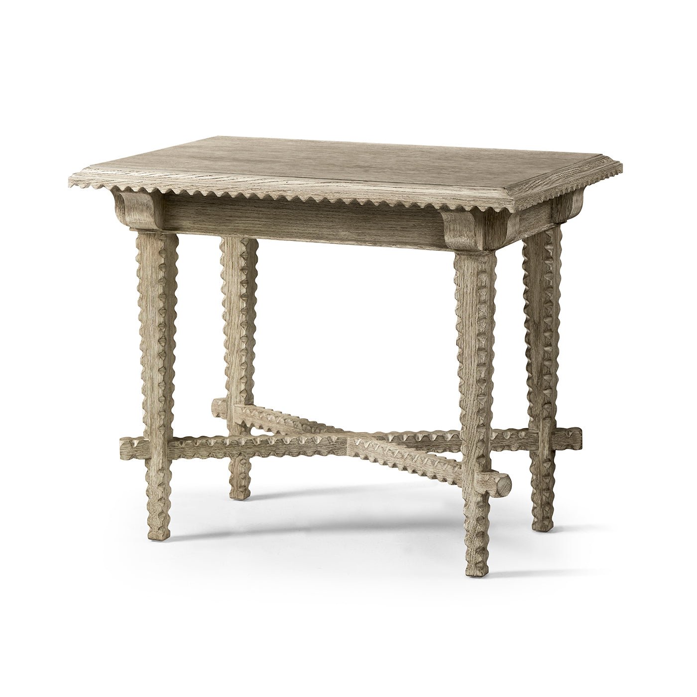 Rustic greyed oak end table on white background.