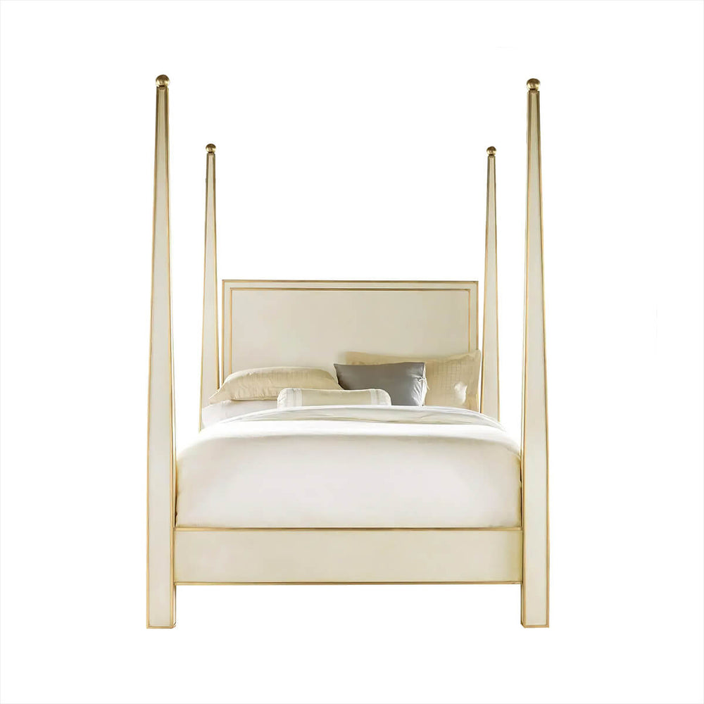 Four poster bed on white background, front view.