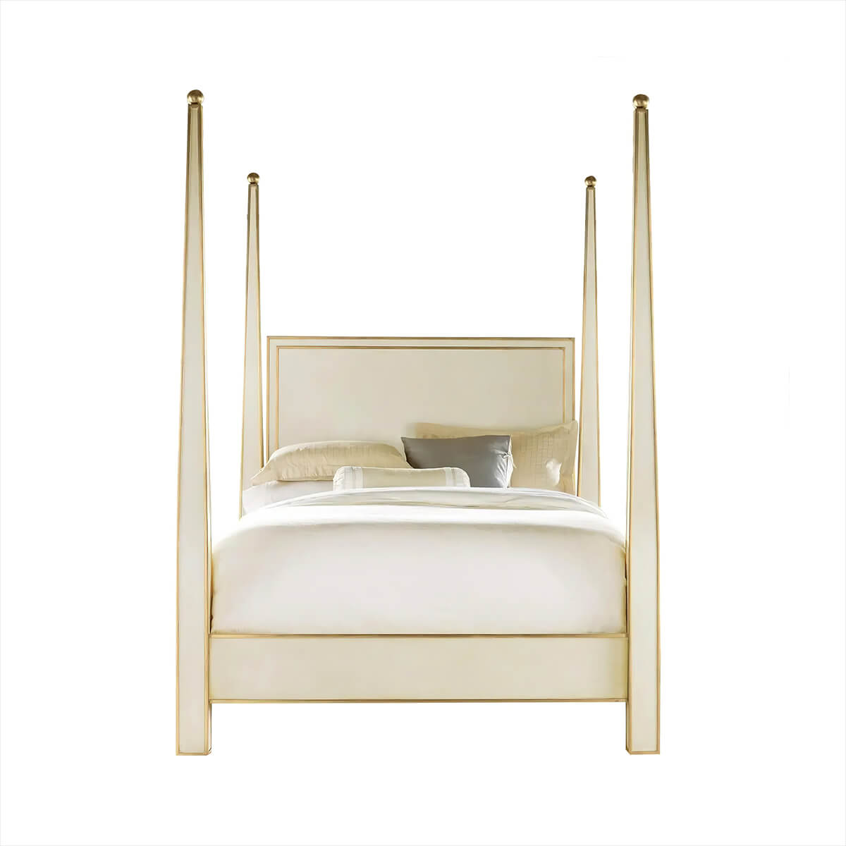 Four poster bed on white background, front view.
