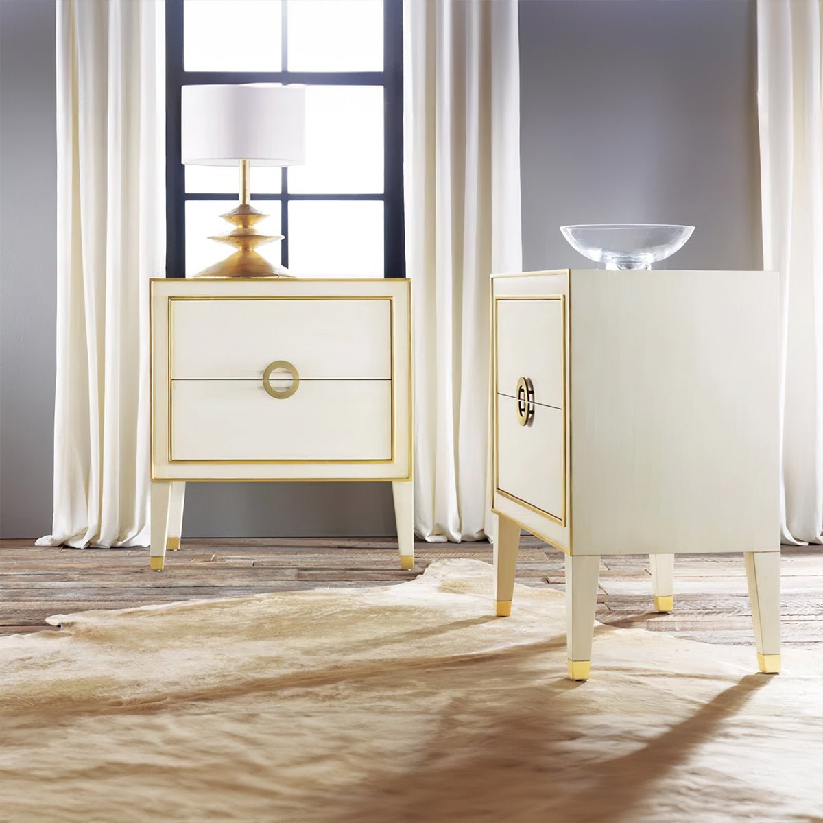 Pair of nightstands in stylish living room setting.