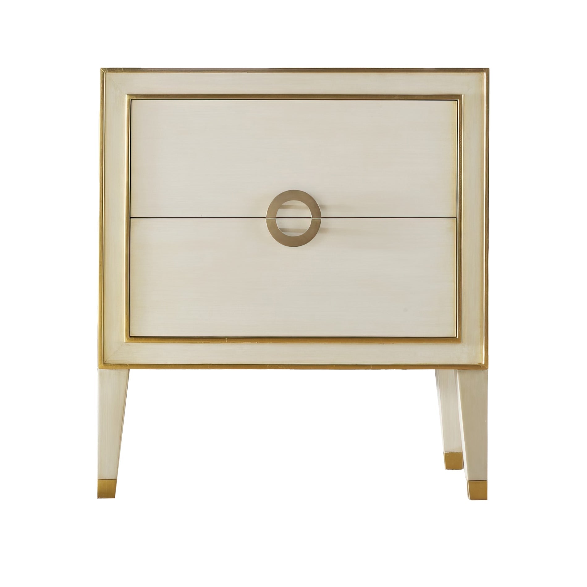 Front view of cream painted nightstand with gold accents.
