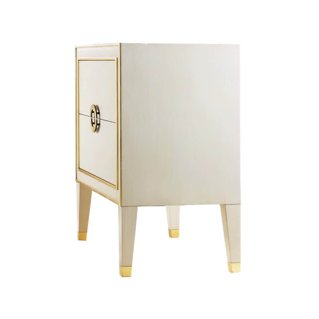 Angled view of nightstand highlighting sleek modern design.