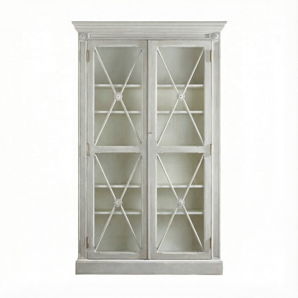 Gustavian display cabinet, empty, full front view, white background.