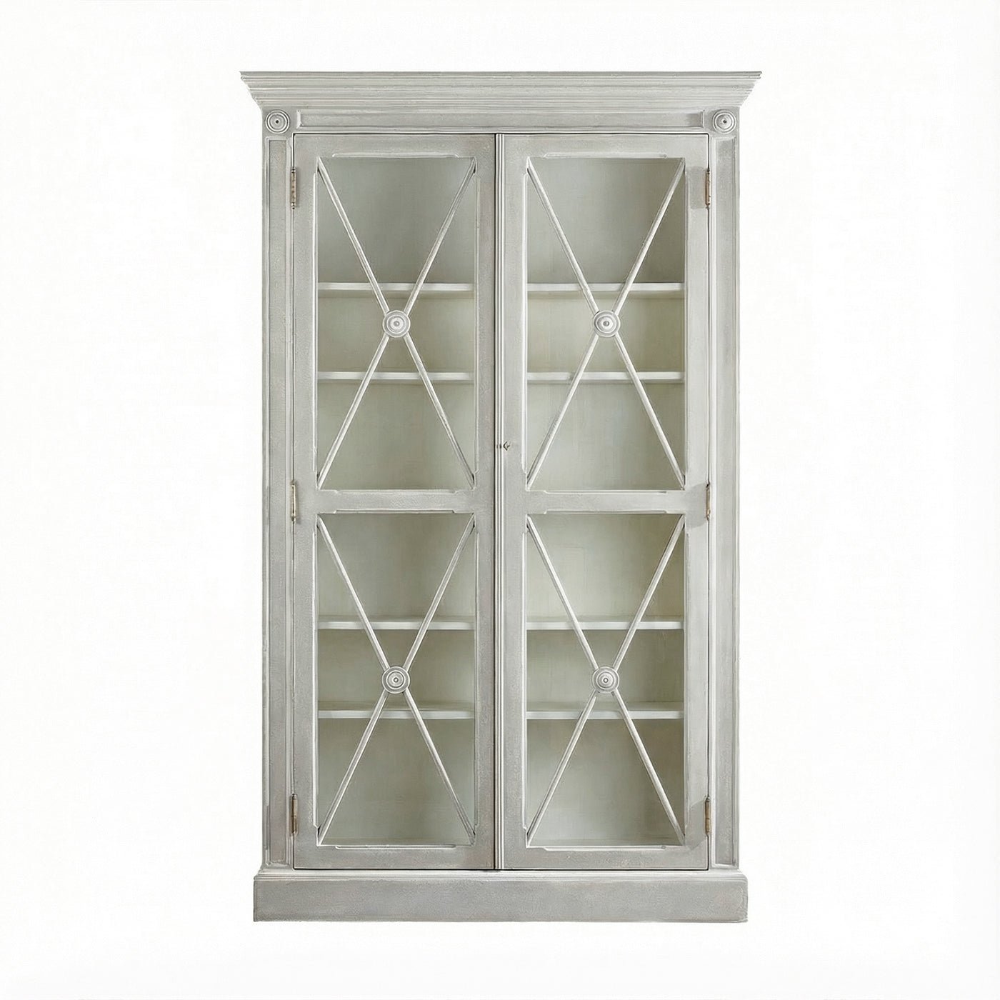 Gustavian display cabinet, empty, full front view, white background.