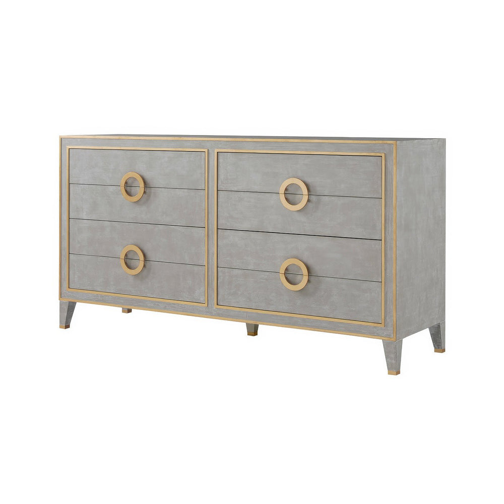 Grey dresser with gold handles, angled view.
