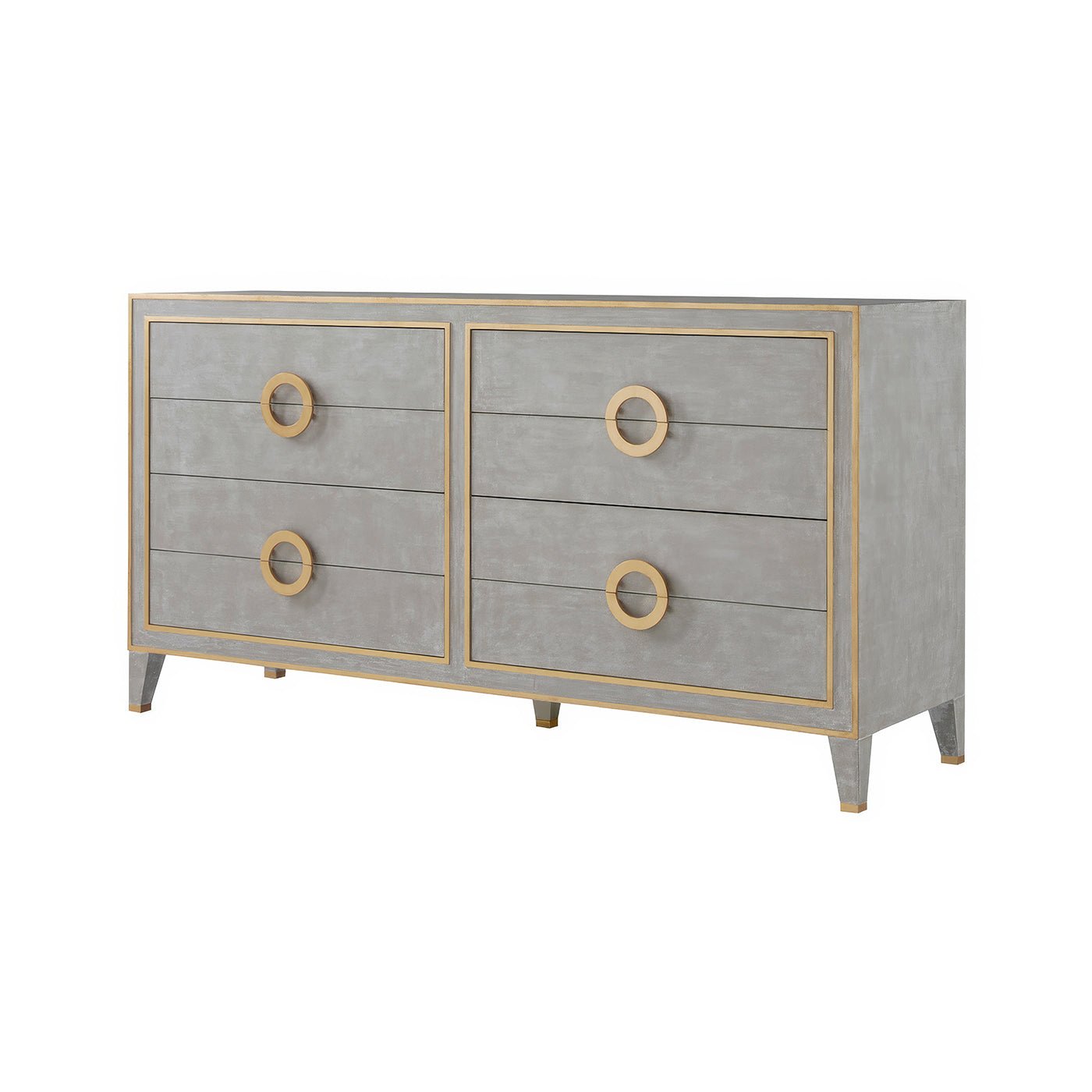 Grey dresser with gold handles, angled view.