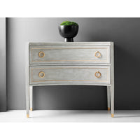 Gustavian dresser styled with plant, grey wall background.