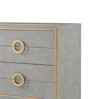 Close-up of grey dresser corner and gold trim.
