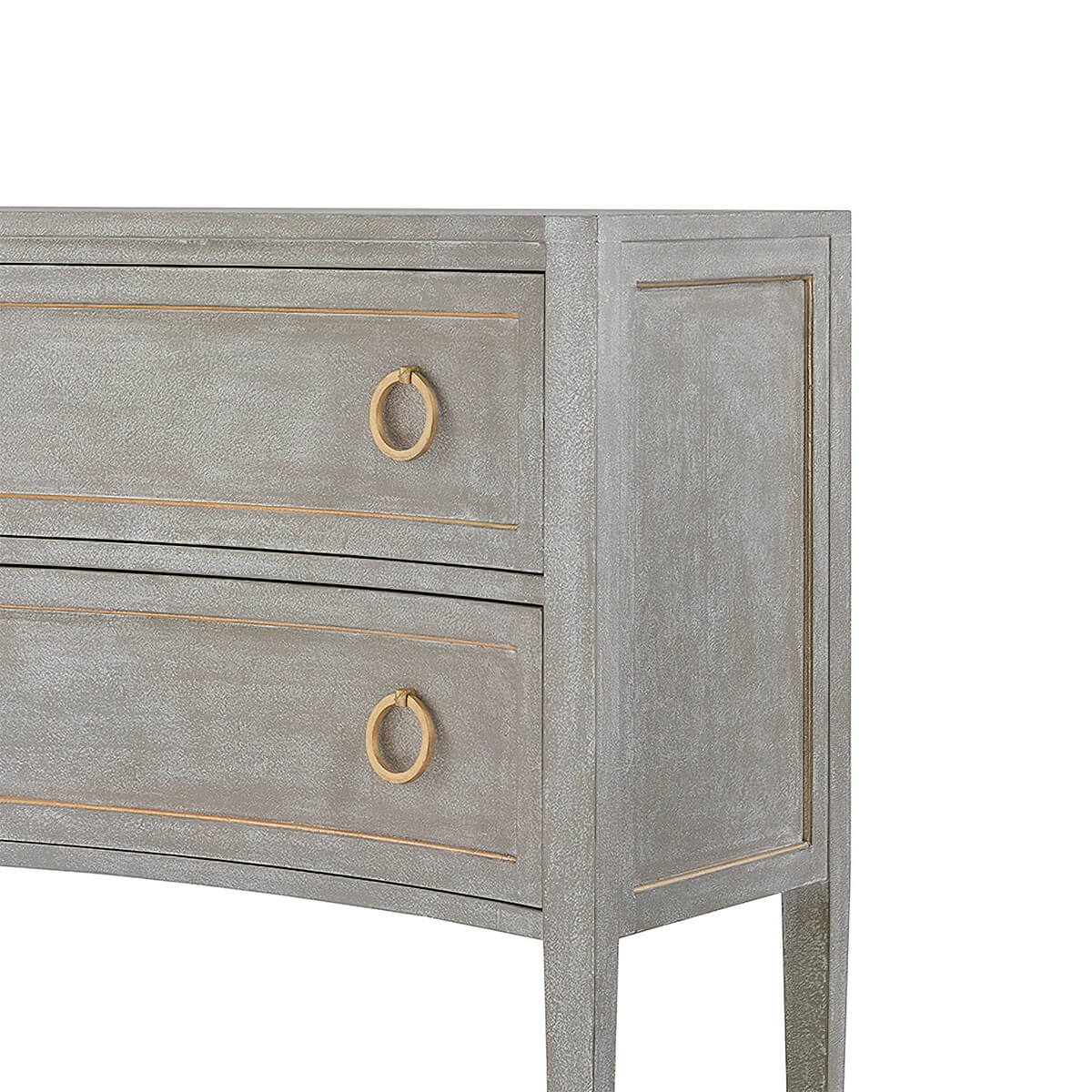 Close-up of drawer details on Gustavian grey dresser.