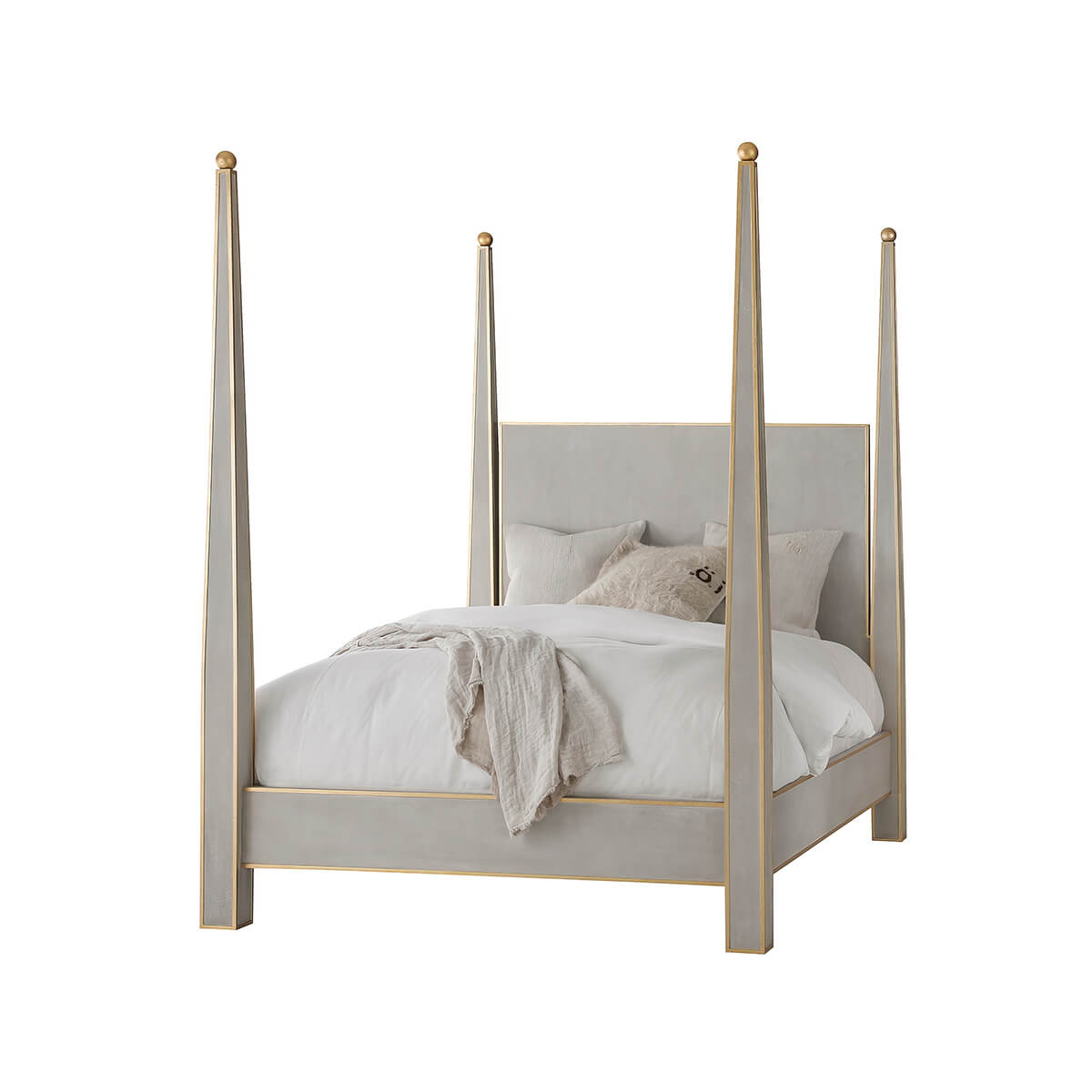 Grey four-poster bed with bedding, side view.