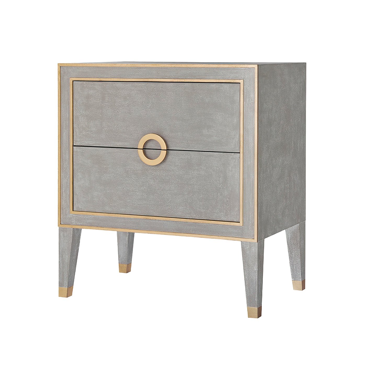 Grey painted nightstand with gold trim, angled view.