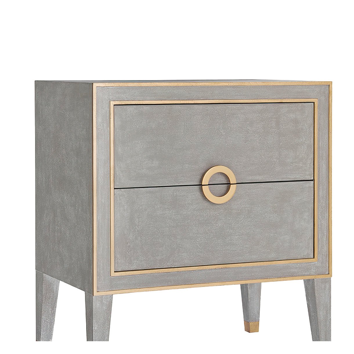Front view of grey painted nightstand with gold accents.