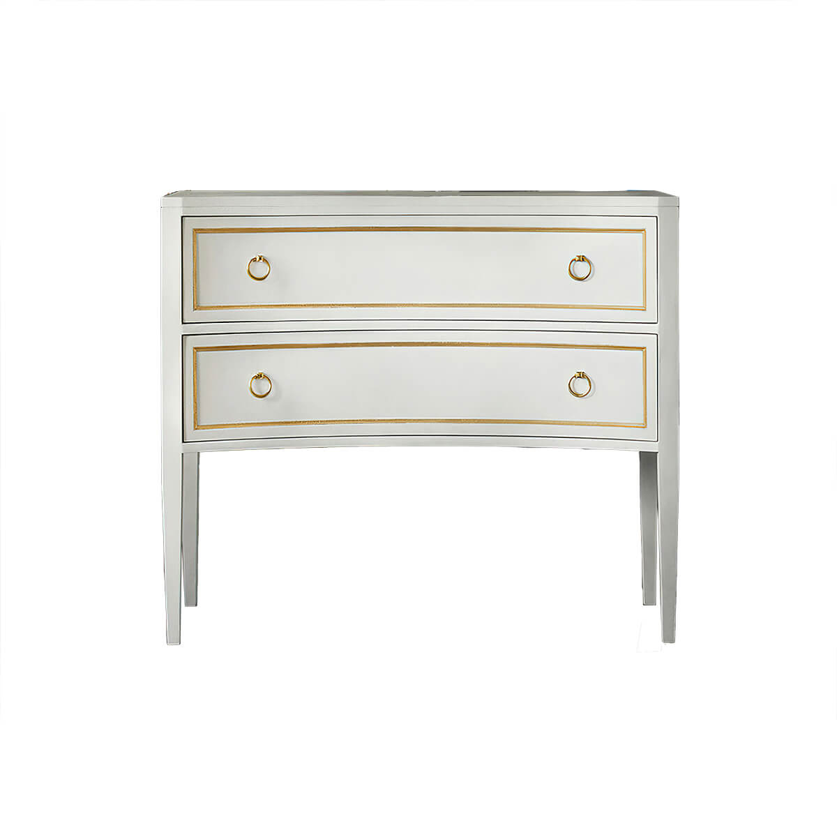 Front view of white dresser, gold detailing, two drawers.