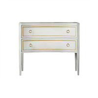 Front view of white dresser, gold detailing, two drawers.