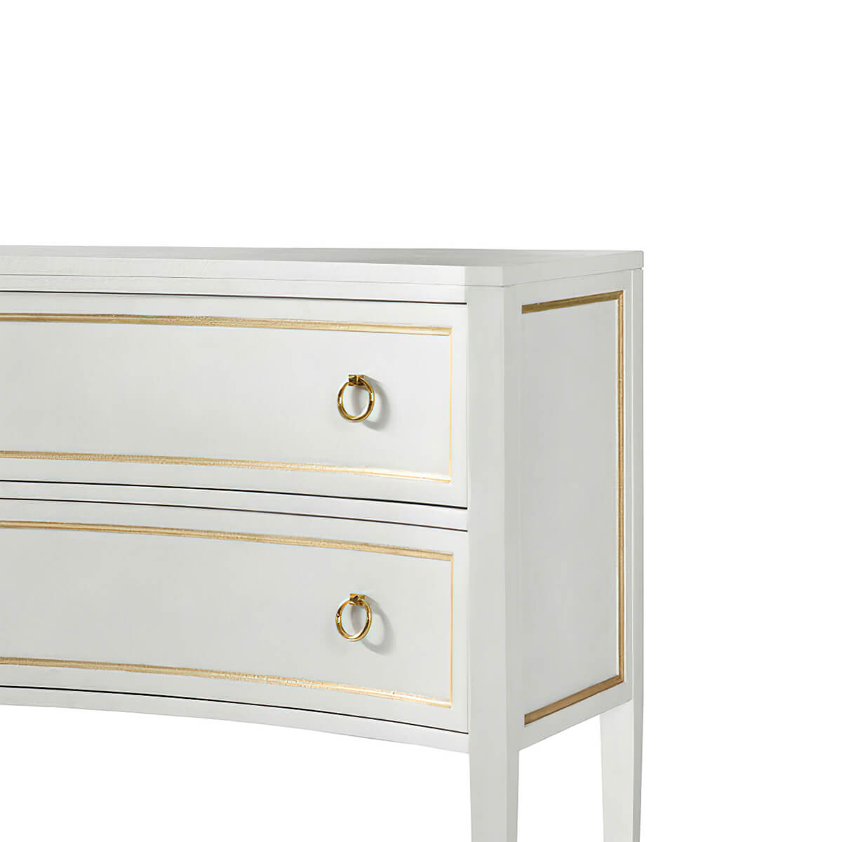 Close-up of dresser side panel, gold trim detail.