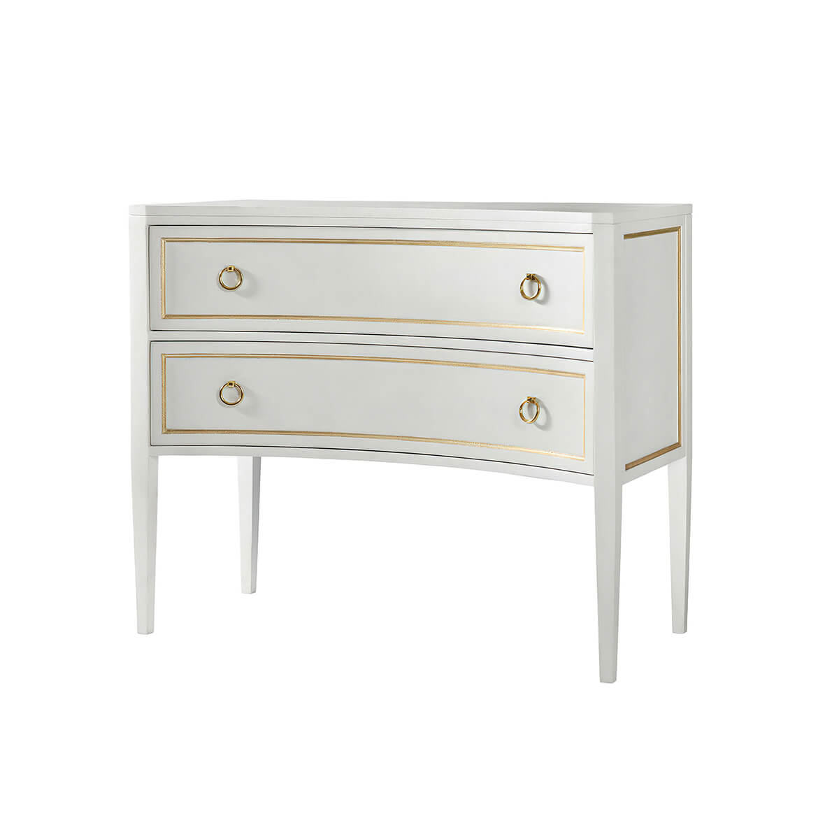 White painted dresser, angled view, gold accents.