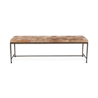 Front view of the Canyon Sand hair-on-hide bench with tapered iron legs and a long lower stretcher