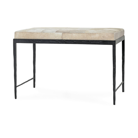 Hair on Hide Bench with Iron Frame - Dusty Cream, 28 in