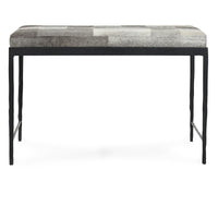 Front view of the 28-inch Sparrow Gray hair-on-hide bench with patchwork seat and slim black iron legs