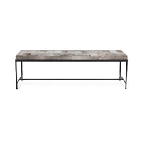 Front view of the 60-inch Sparrow Gray hair-on-hide bench with patchwork seat and slender iron legs
