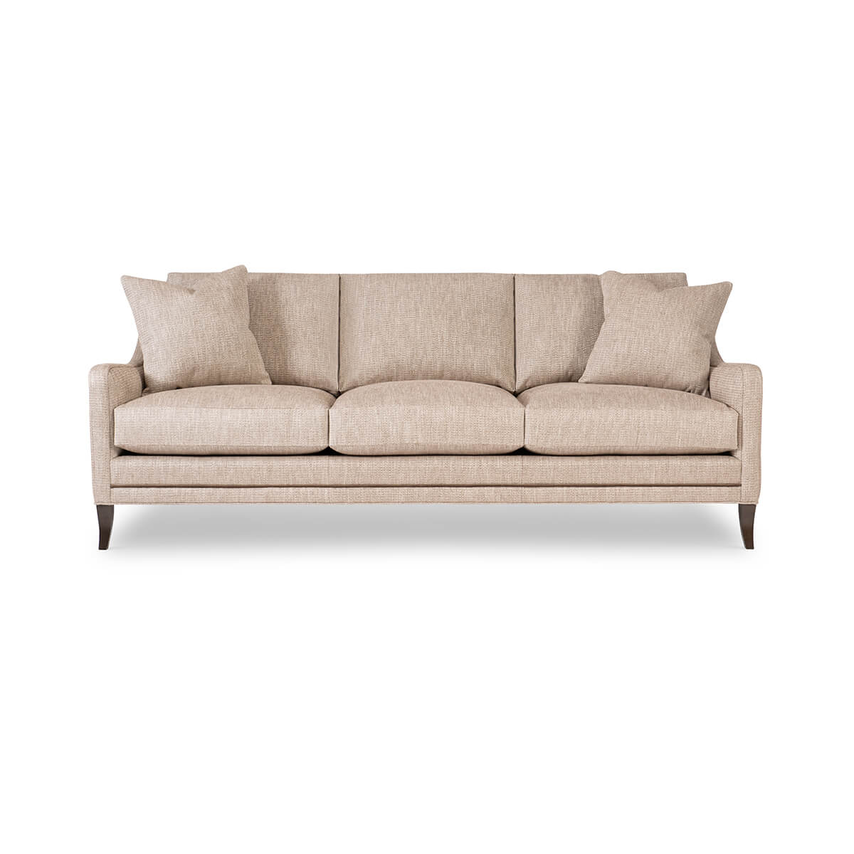 Beige modern sofa, front view showcasing cushions.