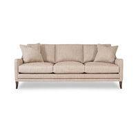 Beige modern sofa, front view showcasing cushions.