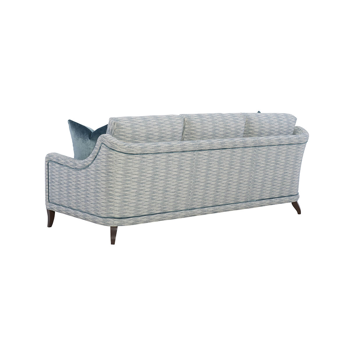 Blue patterned modern sofa, back view with sleek design.