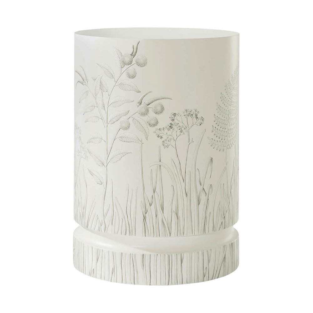 Side view of hand painted drinks table with plants.