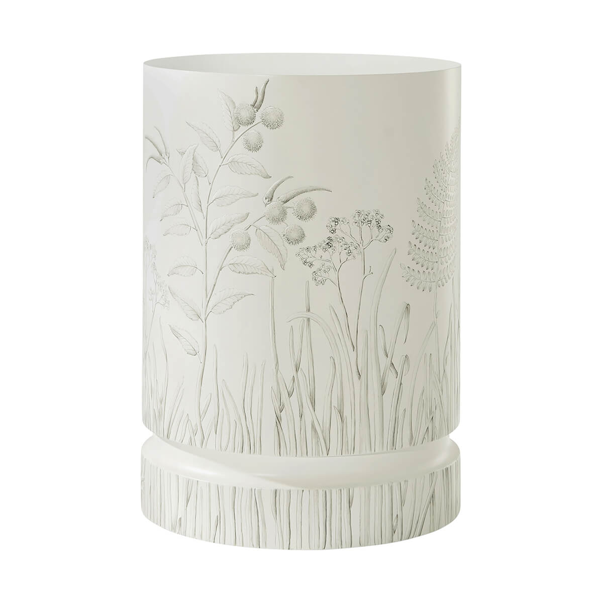 Side view of hand painted drinks table with plants.