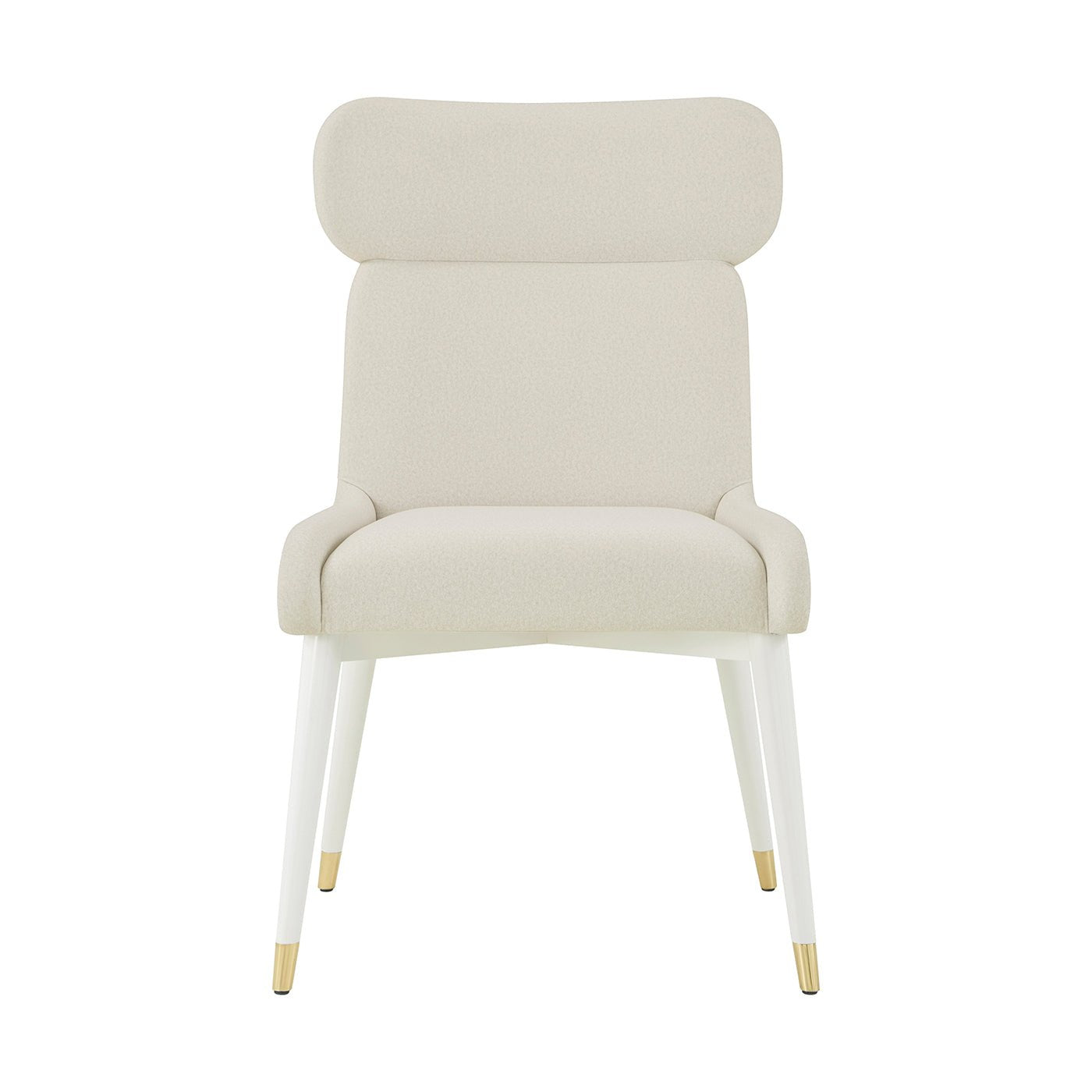Beige dining chair, front view, cushioned seat detail.
