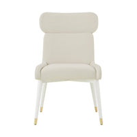 Beige dining chair, front view, cushioned seat detail.