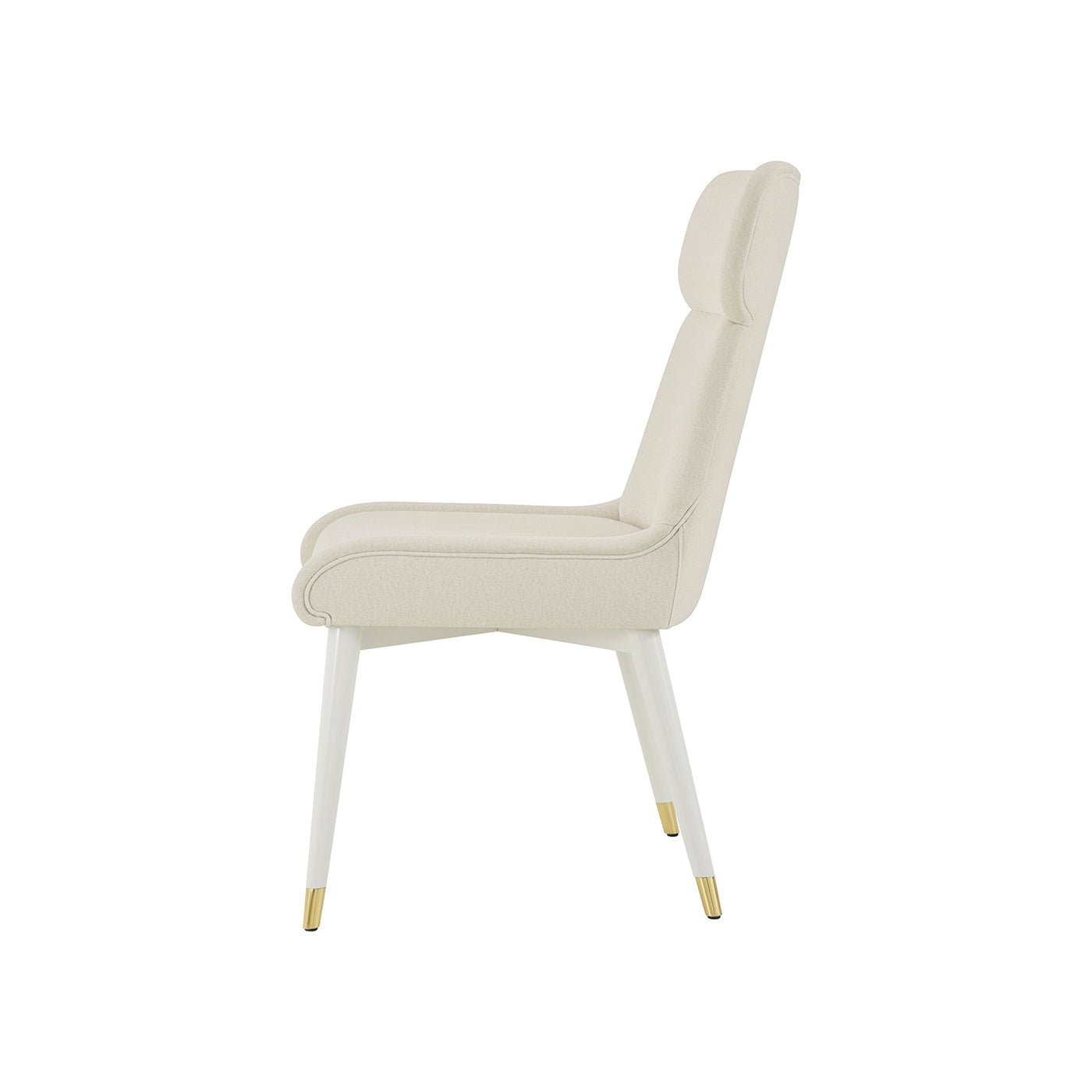 Dining chair, side view, sleek design, gold-tipped legs.