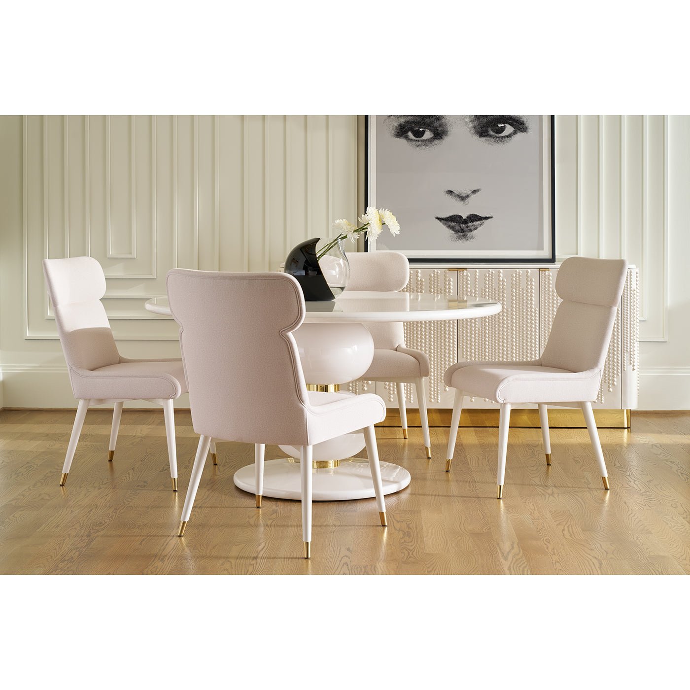Dining set, four chairs, round table, elegant room setting.