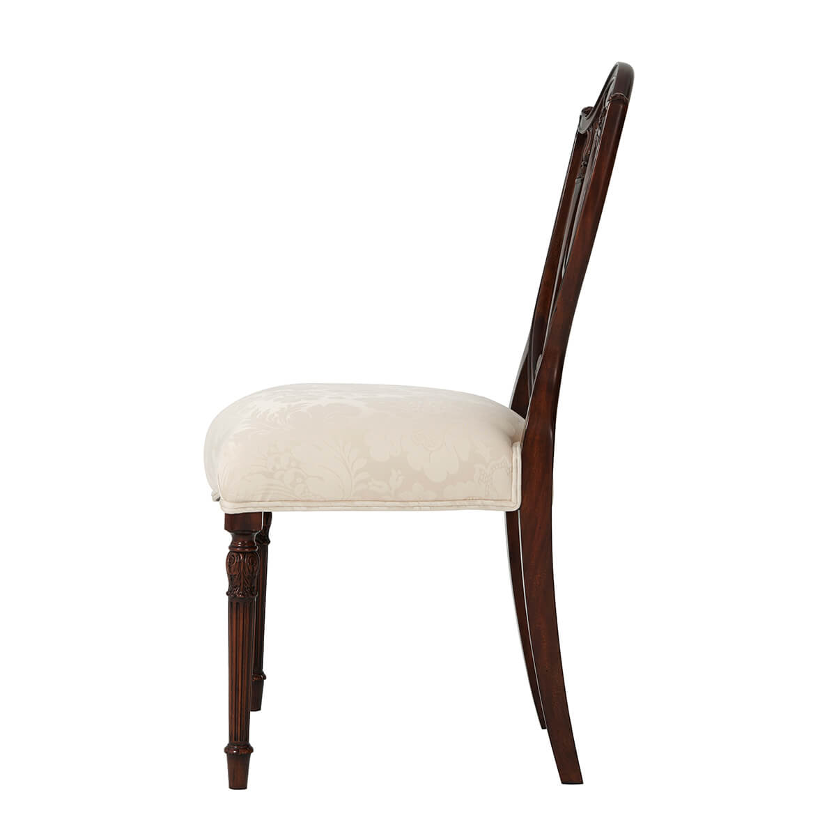 Hepplewhite shield back dining chair side profile.