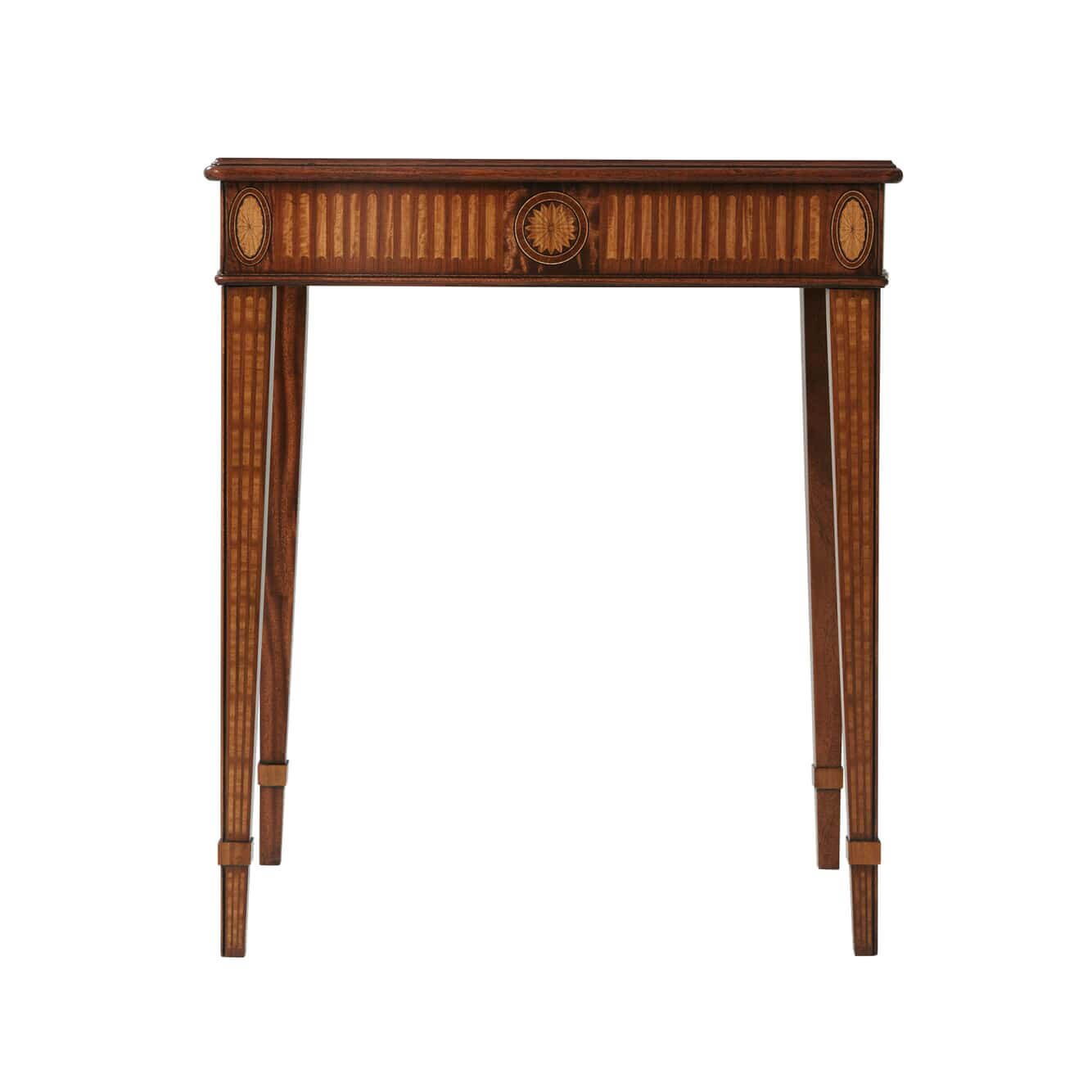 Hepplewhite side table front view showcasing ornate patterns.