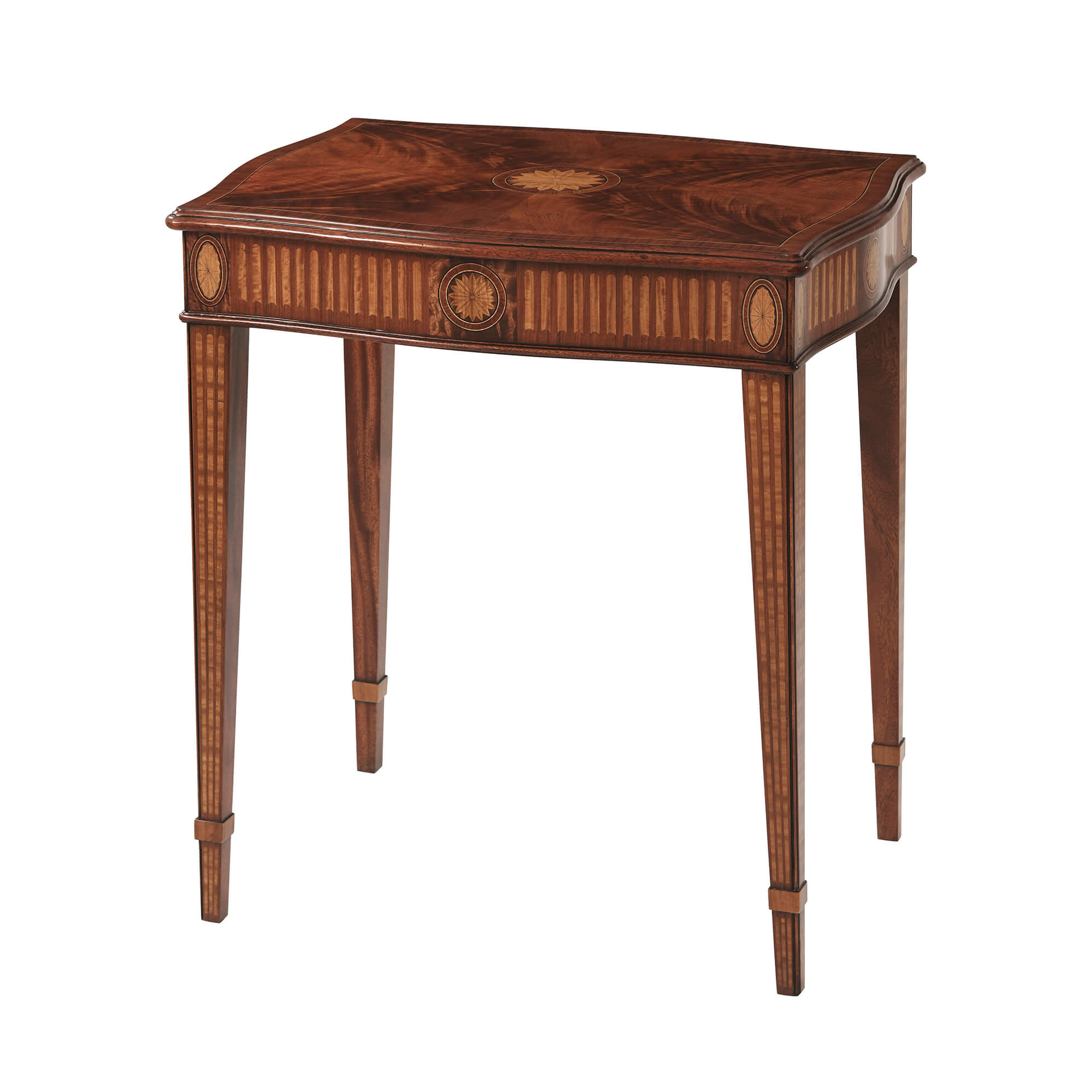 Hepplewhite side table angled front view with decorative inlay.