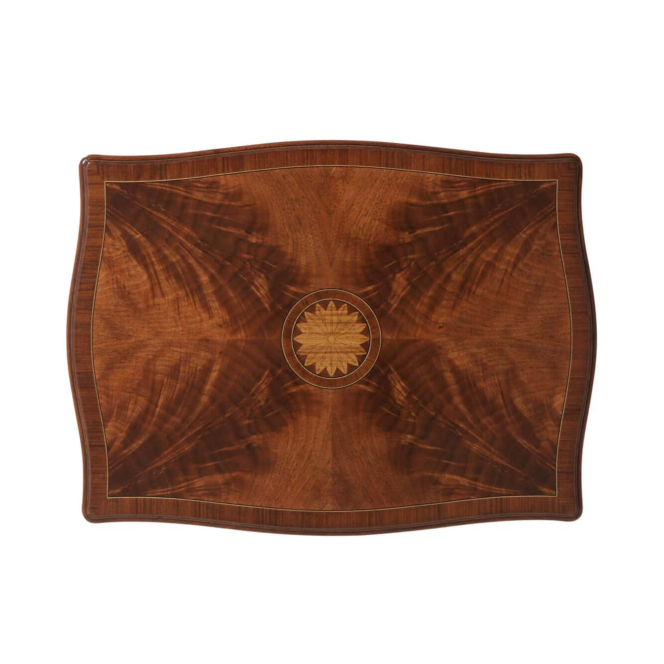 Hepplewhite side table top view with central floral inlay.