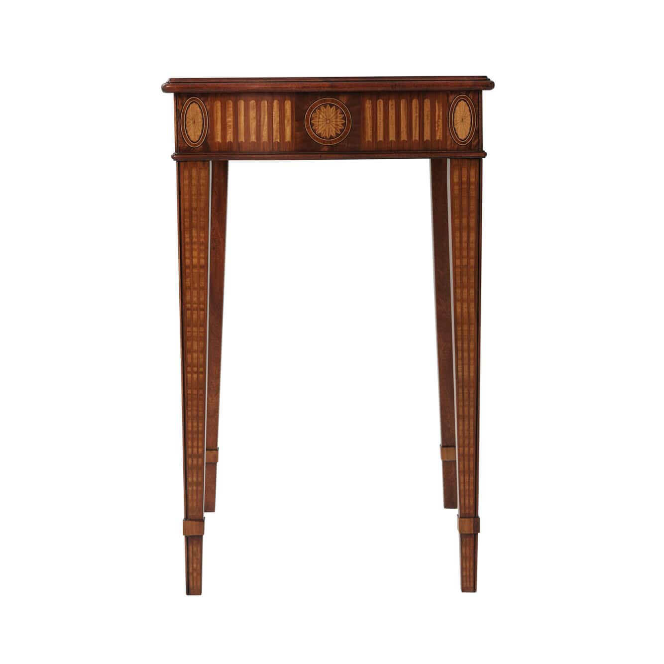 Hepplewhite side table side view highlighting intricate design.