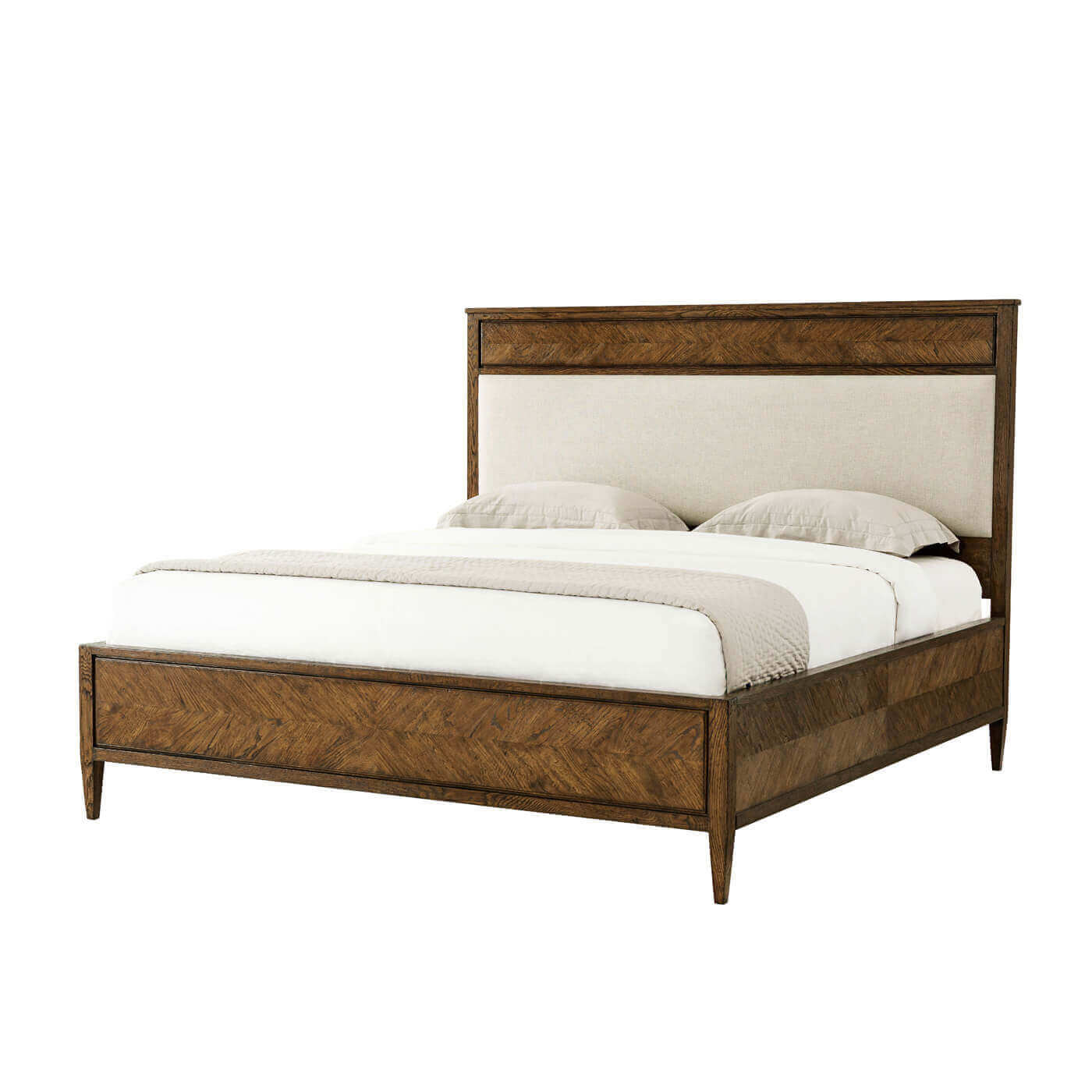 Dark oak herringbone California king bed front view.