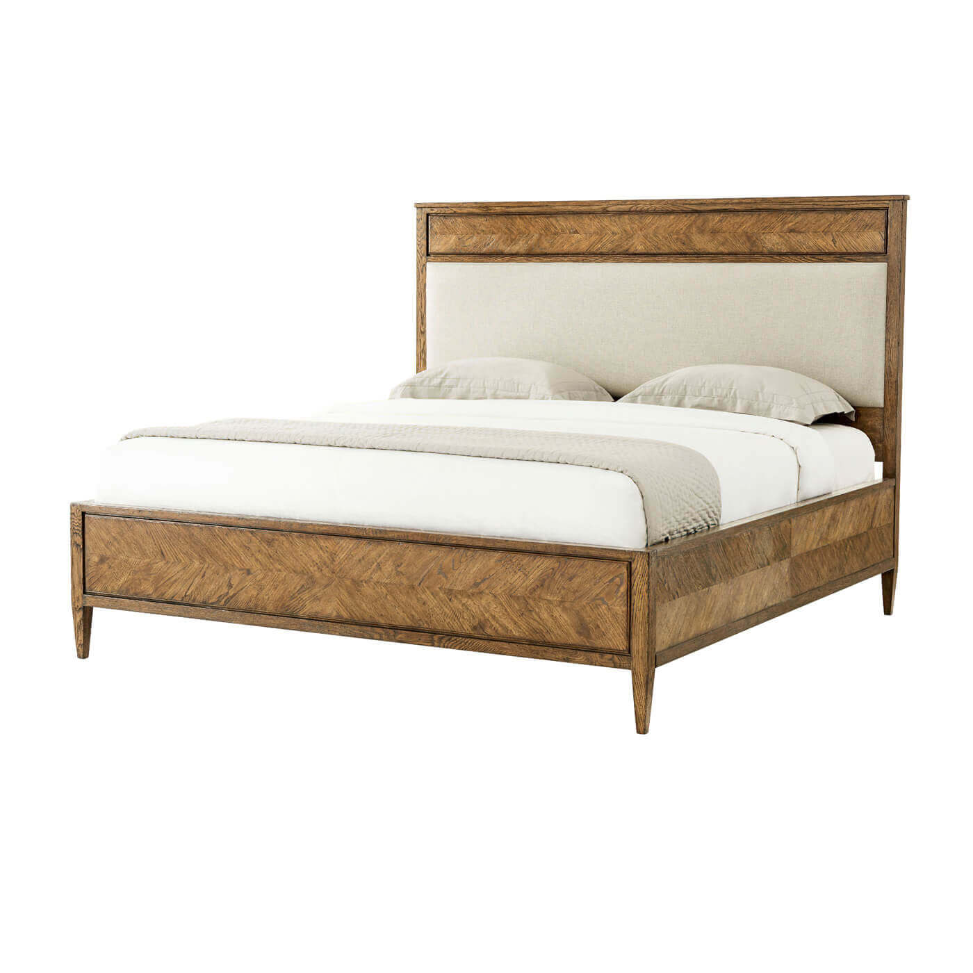 Herringbone parquetry California king bed, full view.